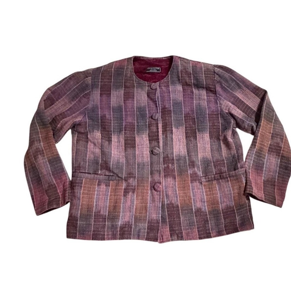 Vintage 90s South Cotton Hand Loomed Ikat Plaid Jacket Collarless